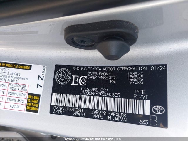 JTDBCMFE3R3042605 Toyota 2zr-fxe