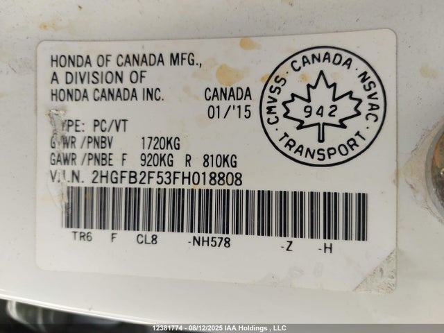 Honda r18z1 2015 2HGFB2F53FH018808 Image 19