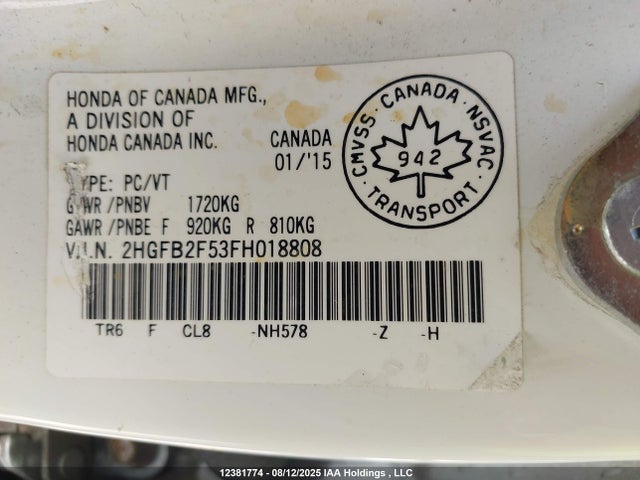 Honda r18z1 2015 2HGFB2F53FH018808 Image 9
