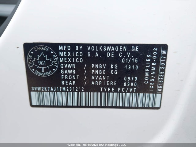 3VW2K7AJ1FM291212 Volkswagen 2015