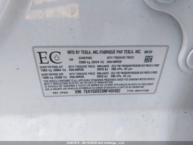 7SAYGDEE9NF465902 Tesla Model Y