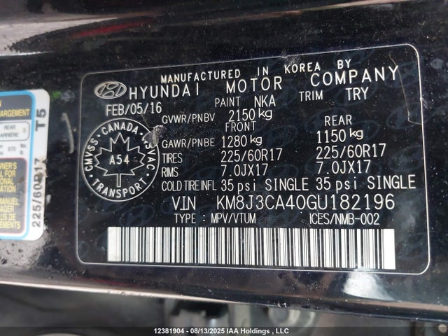 KM8J3CA40GU182196 Hyundai 2016