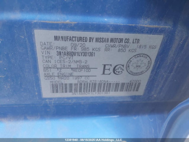 3N1AB8DV1LY301361 Nissan 2020