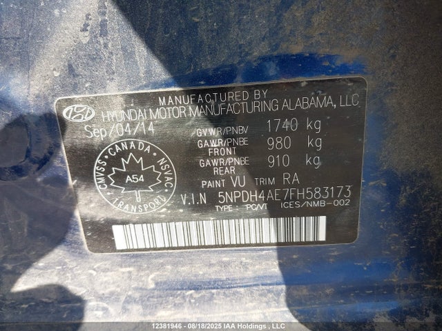 Hyundai dohc mpi nu 2015 5NPDH4AE7FH583173 Image 9