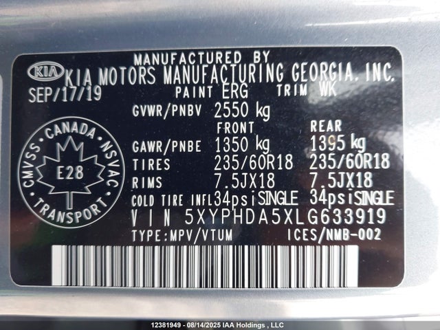 5XYPHDA5XLG633919 KIA gdi lambda-ii