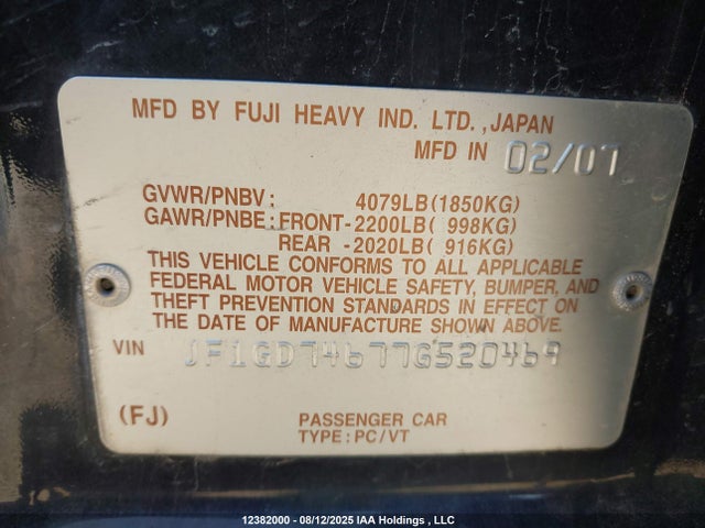 Продажа на аукционе авто 2007 Subaru Impreza Wrx, vin: JF1GD74677G520469, номер лота: 12382000