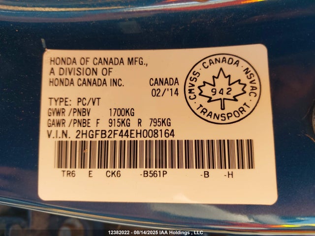 Honda r18z1 2014 2HGFB2F44EH008164 Image 9