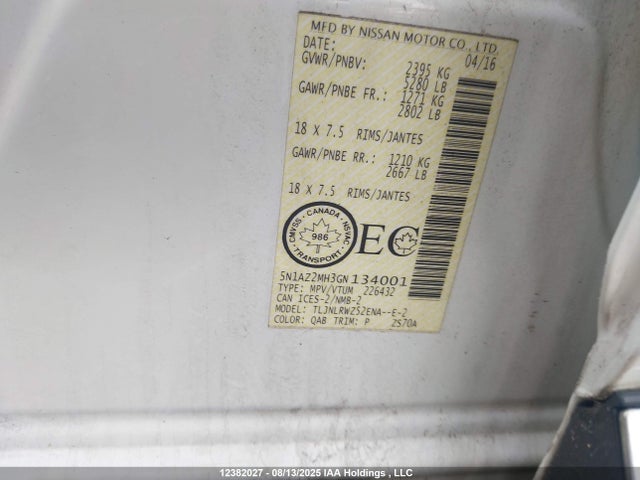 5N1AZ2MH3GN134001 Nissan Murano