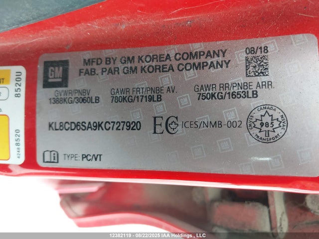 KL8CD6SA9KC727920 Chevrolet lv7 - mfi, variable valve timing, alum, gen 1 var 1