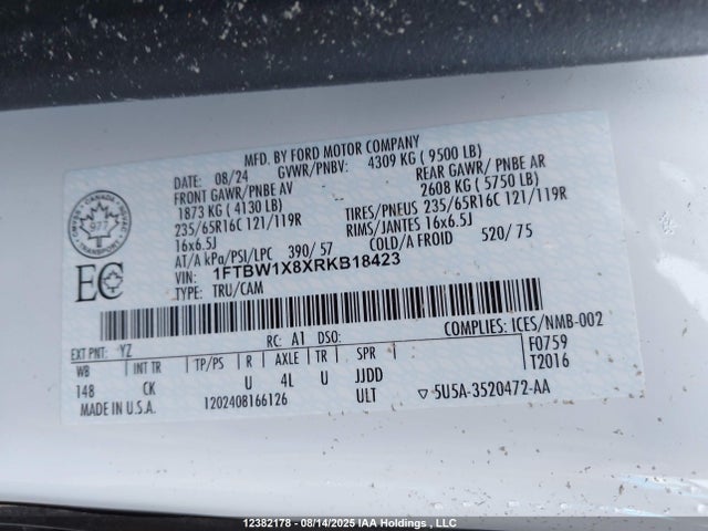 2024 Ford Transit T-350 მანქანა იყიდება აუქციონზე, vin: 1FTBW1X8XRKB18423, აუქციონის ნომერი: 12382178
