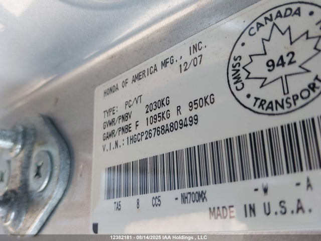 Aukcja sprzedaży 2008 Honda Accord Ex, vin: 1HGCP26768A809499, numer aukcji: 12382181