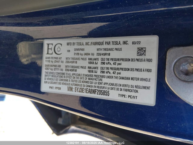 Tesla MODEL 3 2022 5YJ3E1EA8NF205855 Image 9