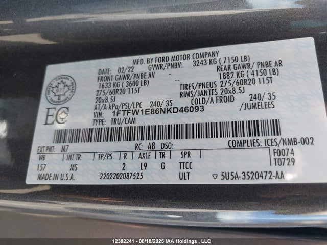 1FTFW1E86NKD46093 Ford gtdi