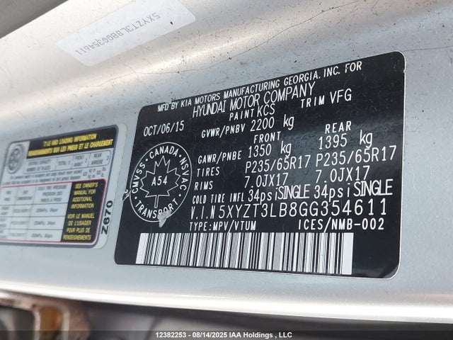 5XYZT3LB8GG354611 Hyundai gdi theta ii