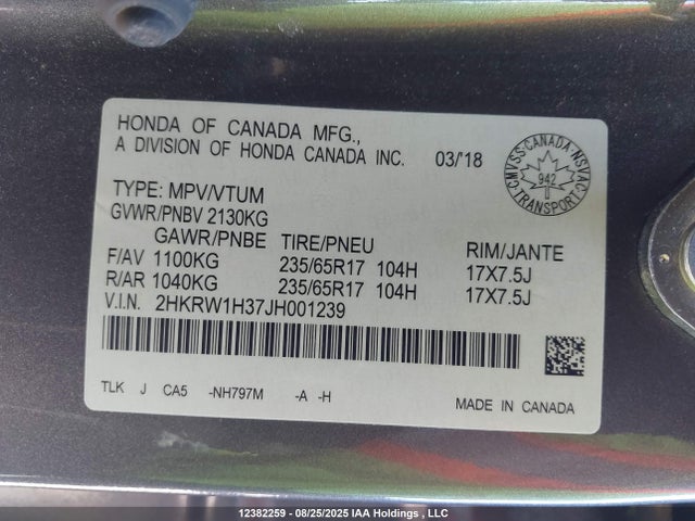 2HKRW1H37JH001239 Honda k24w9/k24v9