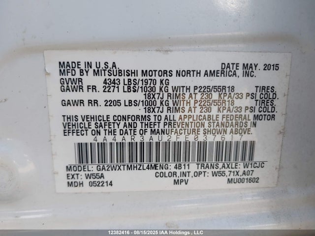 Mitsubishi dohc mivec 2015 4A4AR3AU2FE037617 Image 9