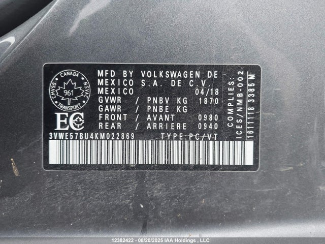 3VWE57BU4KM022869 Volkswagen 1.8 tsi