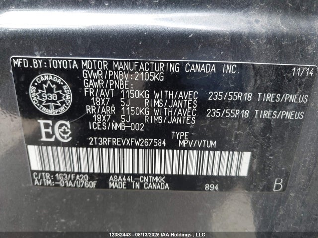 Toyota 2ar-fe 2015 2T3RFREVXFW267584 Image 19