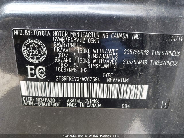 Toyota 2ar-fe 2015 2T3RFREVXFW267584 Image 9