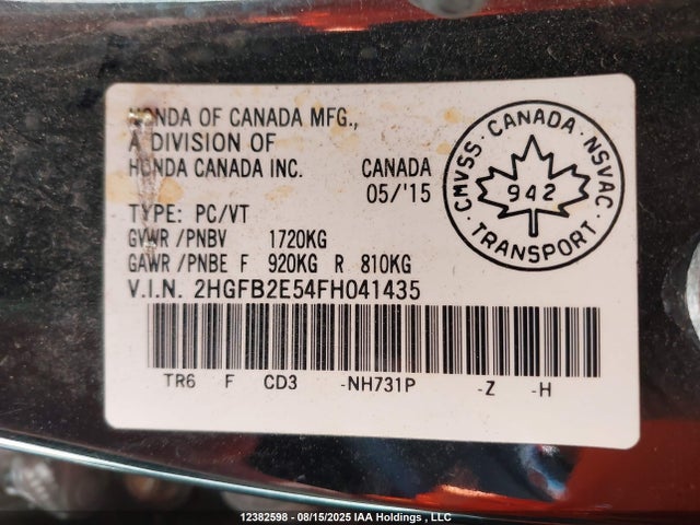 Honda r18z1 2015 2HGFB2E54FH041435 Image 18