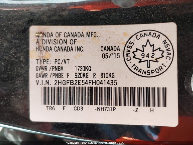 Honda r18z1 2015 2HGFB2E54FH041435 Image 9