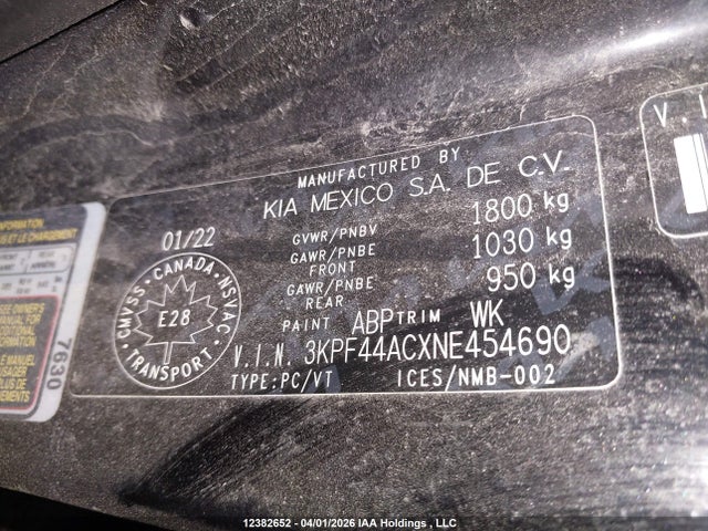 3KPF44ACXNE454690 KIA Forte Gt Limited