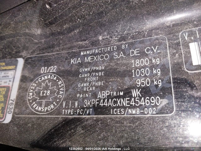 3KPF44ACXNE454690 KIA Forte Gt Limited