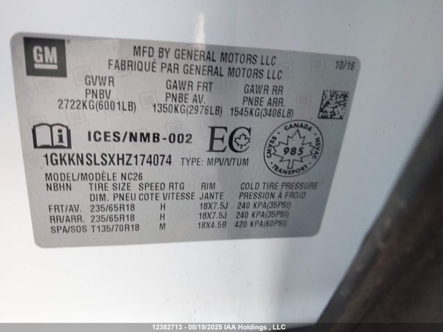 1GKKNSLSXHZ174074 GMC lgx - di: direct injection, vvt: variable valve timing, alum, gen 2