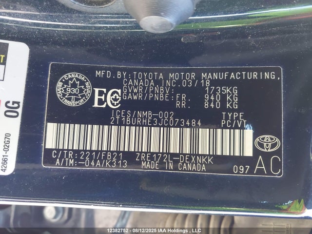2T1BURHE3JC073484 Toyota 2zr-fe