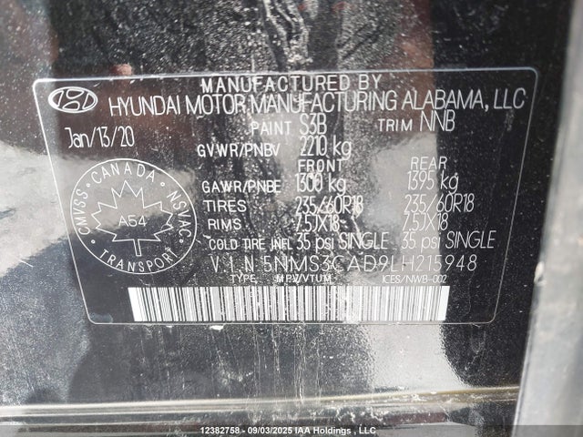 5NMS3CAD9LH215948 Hyundai gdi theta ii
