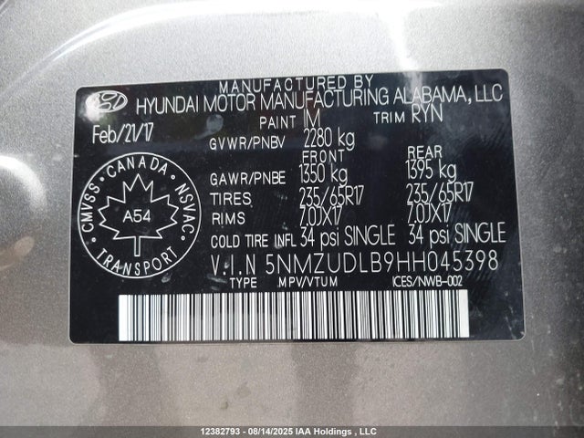 5NMZUDLB9HH045398 Hyundai gdi theta ii