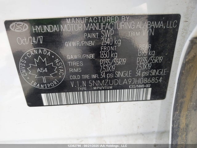 5NMZUDLA9JH086854 Hyundai t-gdi theta ii