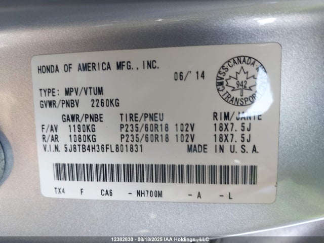 Acura j35z2 2015 5J8TB4H36FL801831 Image 9