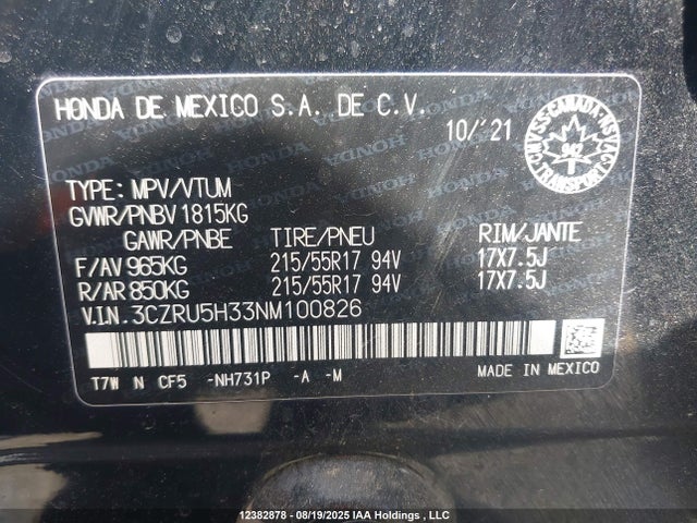 3CZRU5H33NM100826 Honda r18z9