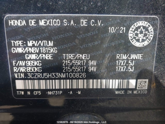 3CZRU5H33NM100826 Honda r18z9