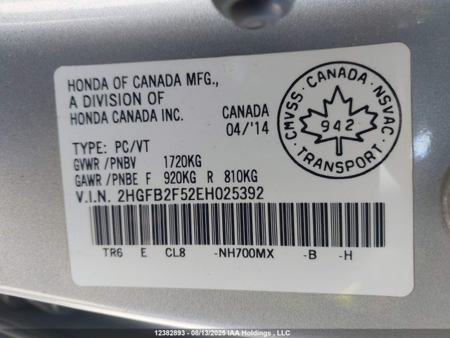 Honda r18z1 2014 2HGFB2F52EH025392 Image 9