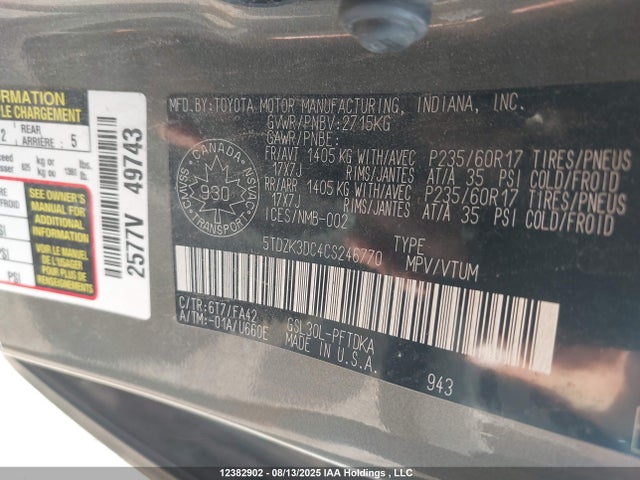Продажа на аукционе авто 2012 Toyota Sienna V6 7 Passenger, vin: 5TDZK3DC4CS246770, номер лота: 12382902