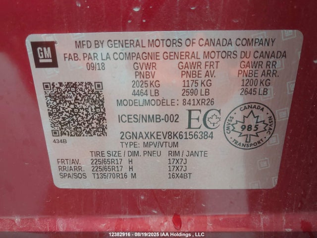 2GNAXKEV8K6156384 Chevrolet lyx - direct injection, vvt, fgt, turbo, alum, gen1