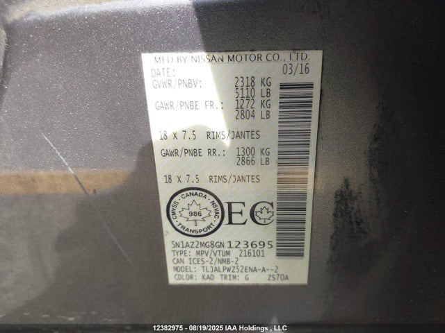 5N1AZ2MG8GN123695 Nissan Murano S/sl/sv/platinum
