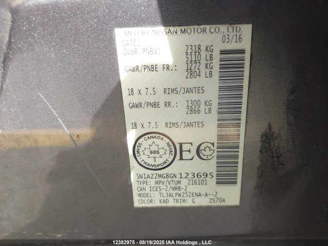 5N1AZ2MG8GN123695 Nissan Murano S/sl/sv/platinum