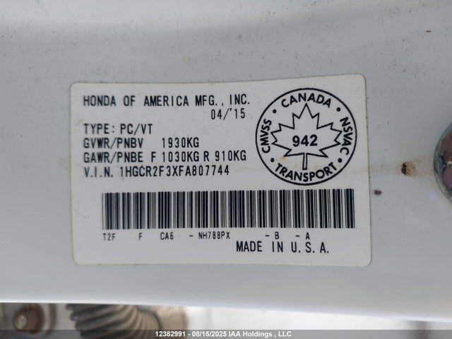 Honda k24w1 2015 1HGCR2F3XFA807744 Image 9