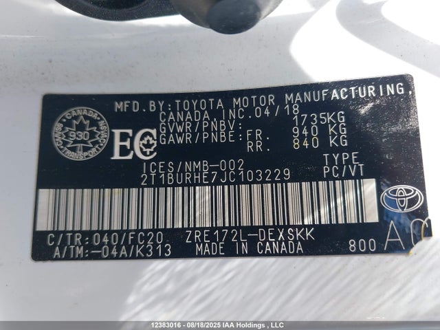2T1BURHE7JC103229 Toyota 2zr-fe