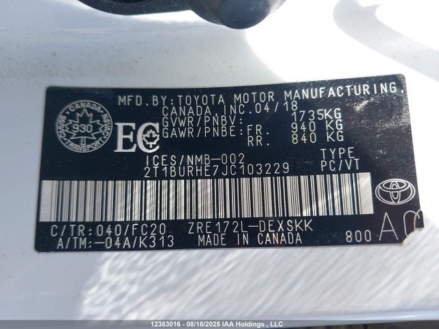 2T1BURHE7JC103229 Toyota 2zr-fe