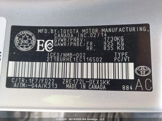 Toyota 2zr-fe 2014 2T1BURHE1EC116502 Image 9