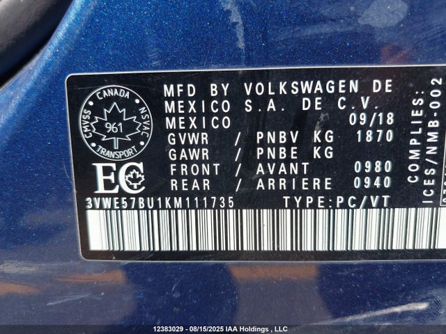 3VWE57BU1KM111735 Volkswagen 1.8 tsi