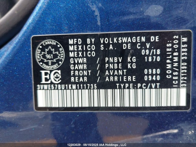 3VWE57BU1KM111735 Volkswagen 1.8 tsi