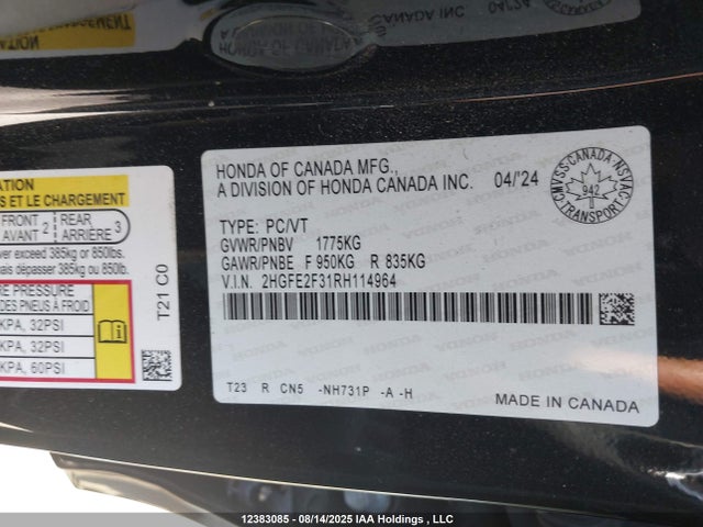 2HGFE2F31RH114964 Honda k20c2
