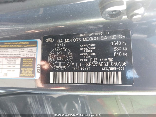 3KPA25AB3JE040156 KIA gdi gamma