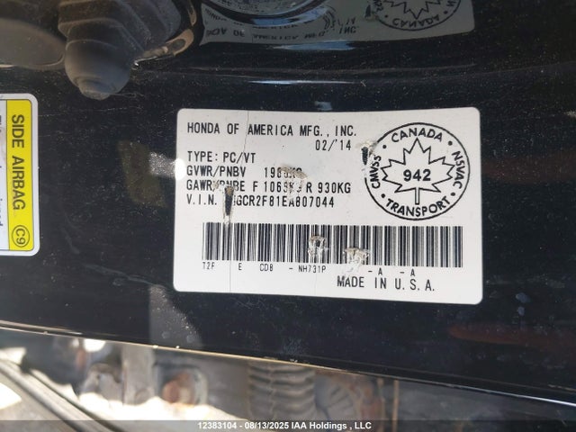 Honda k24w1 2014 1HGCR2F81EA807044 Image 9