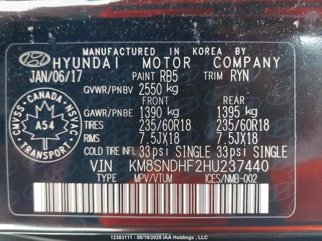 KM8SNDHF2HU237440 Hyundai gdi lambda ii